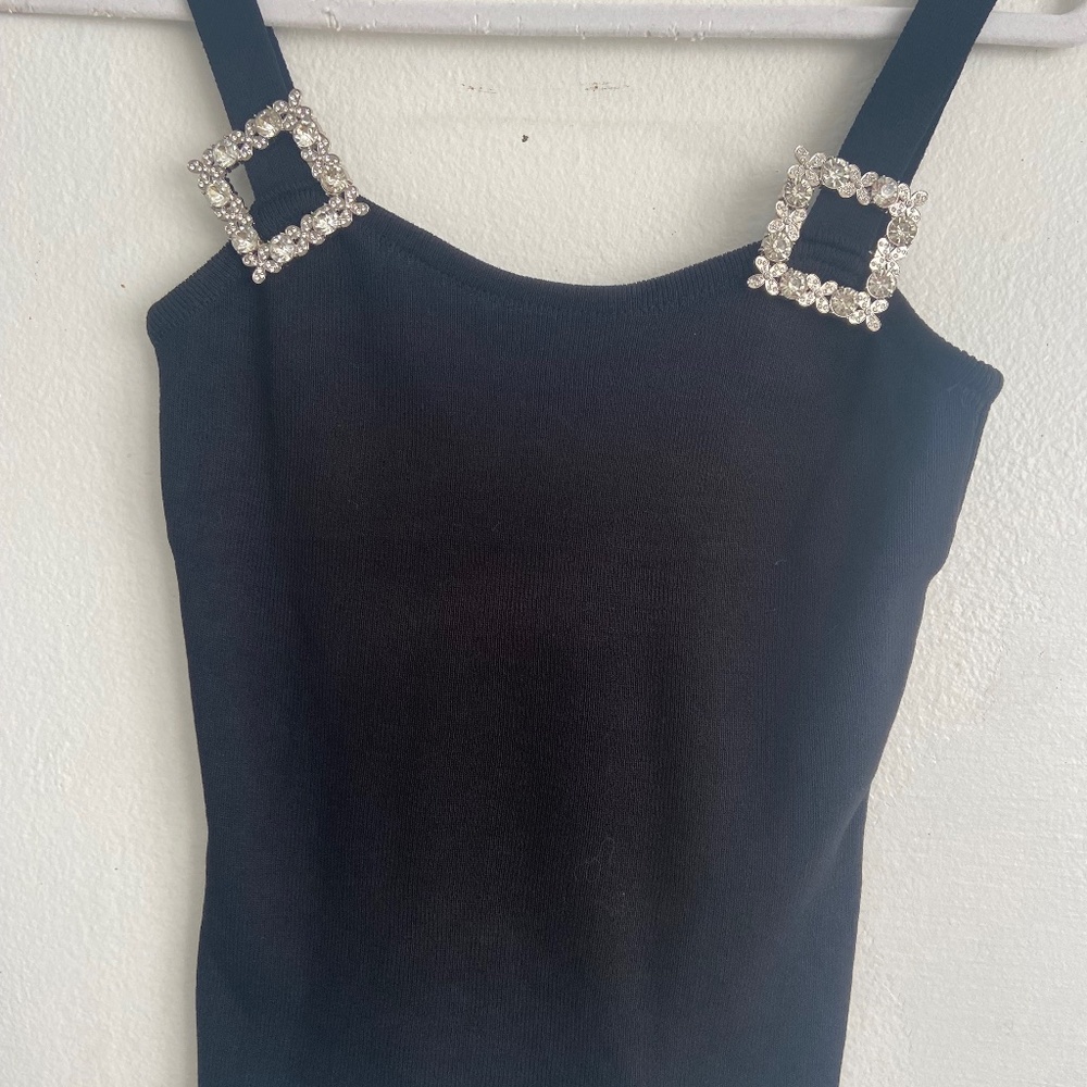 Black Knit Crop Top or Tank With Crystal Detail